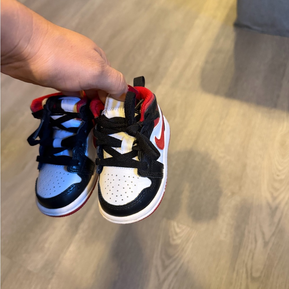Jordan 1s Mid Nike Kids Sneakers - Black, White, Red Accents